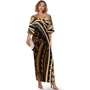 Polynesian Tatau Pattern Samoan Puletasi Plus Size Two Piece Dress